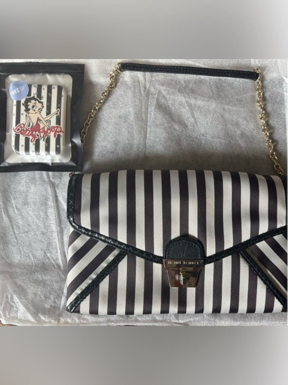 RARE EUC- Henri Bendel Black Gray Stripe Chain Shoulder Bag + Betty Boop Gift